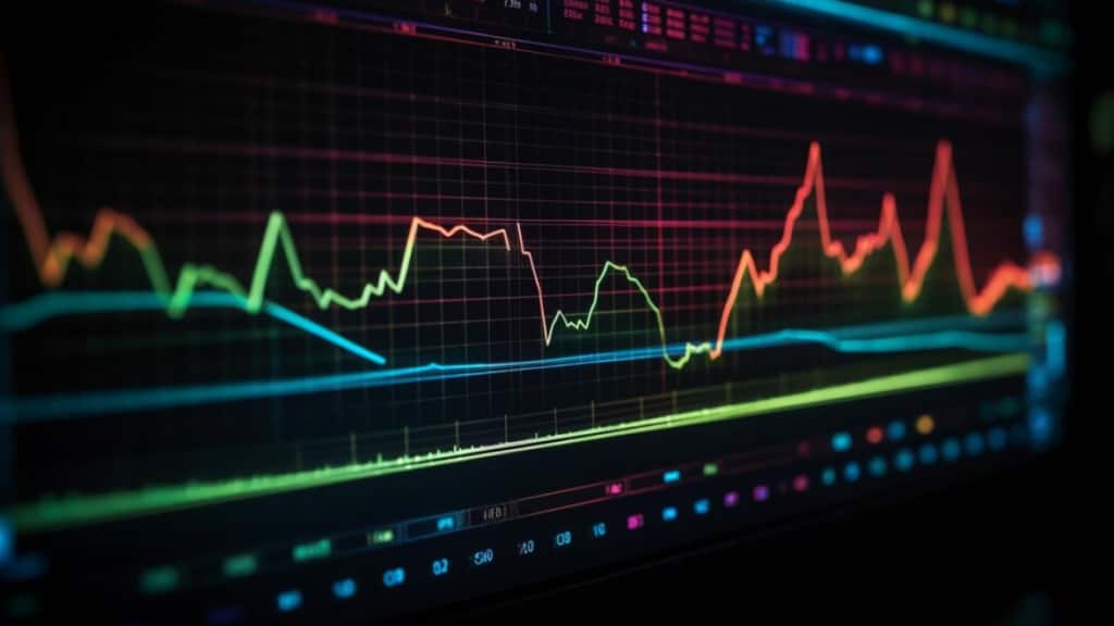 Multiple stock indices depicted in vibrant colors on a monitor