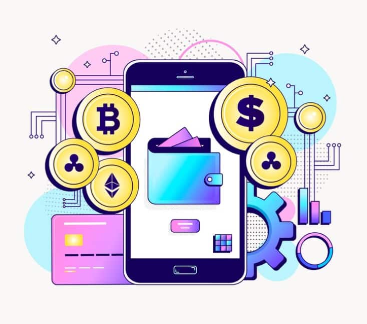 a phone with a wallet on the screen surrounded by multiple icons of cryptocurrency
