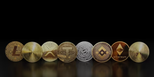 Cryptocurrency coins on a dark background