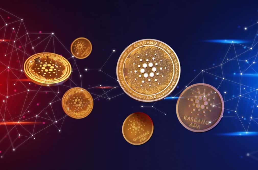 Floating Cardano coins connected by digital lines on a red-blue background