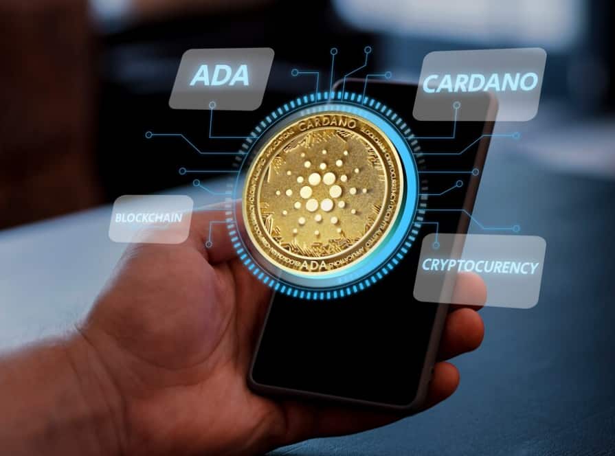 A hand holding a phone with a Cardano coin and blockchain interface